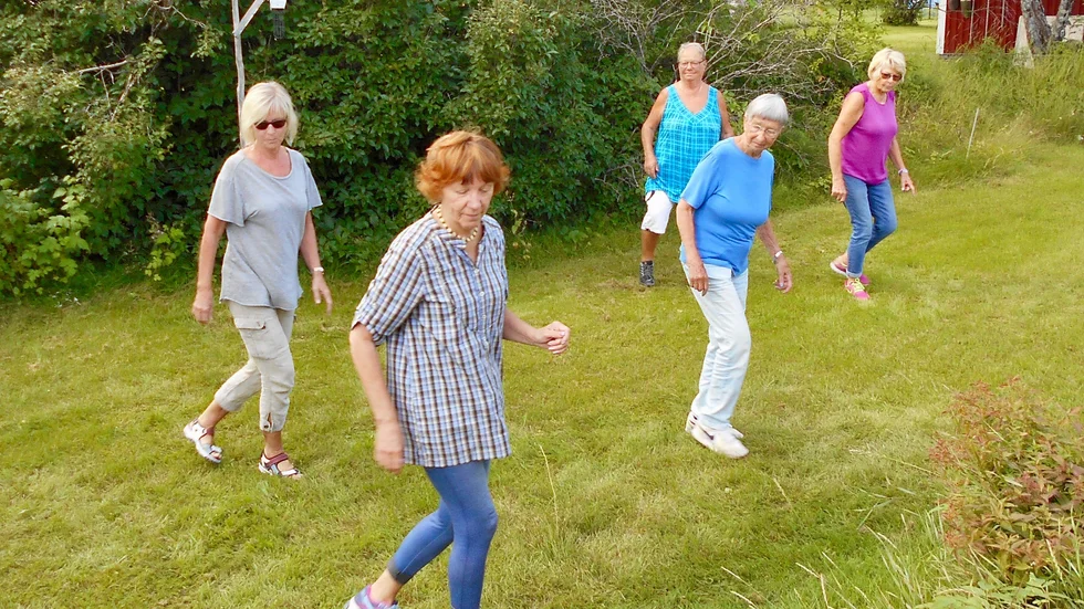 Kristina Degerman leder här gruppen i en tarantella. Bara halva gruppen fick plats på bilden eftersom alla spred ut sig enligt myndigheternas rekommendationer.
