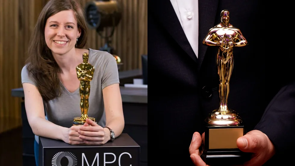 Desirée med Oscar-statyetten som hon och hennes team vann till följd av de visuella effekterna i filmen "Djungelboken".
