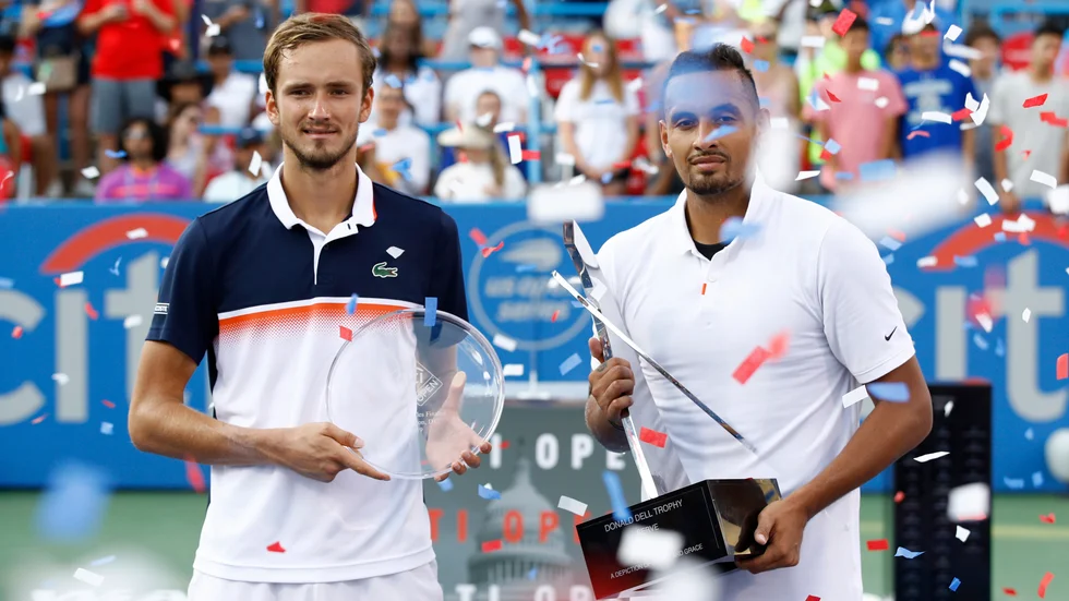 The Citi Open, som förra året vanns av Nick Kyrgios (höger) efter finalseger mot ryssen Daniil Medvedev, ställs in i år. Arkivbild.