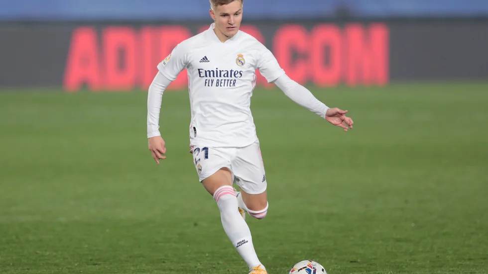 Martin Ødegaard i Real-tröjan i en match i den spanska ligan i november. Arkivbild.