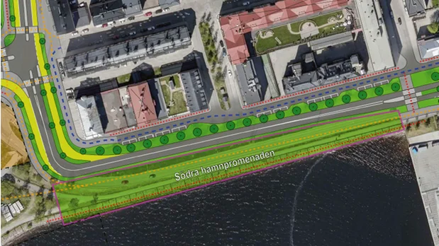 Stadsbyggnadsförvaltningen har i sina idéskisser lagt in ett grönområde närmast vattnet där gång- och cykelväg kommer gå.