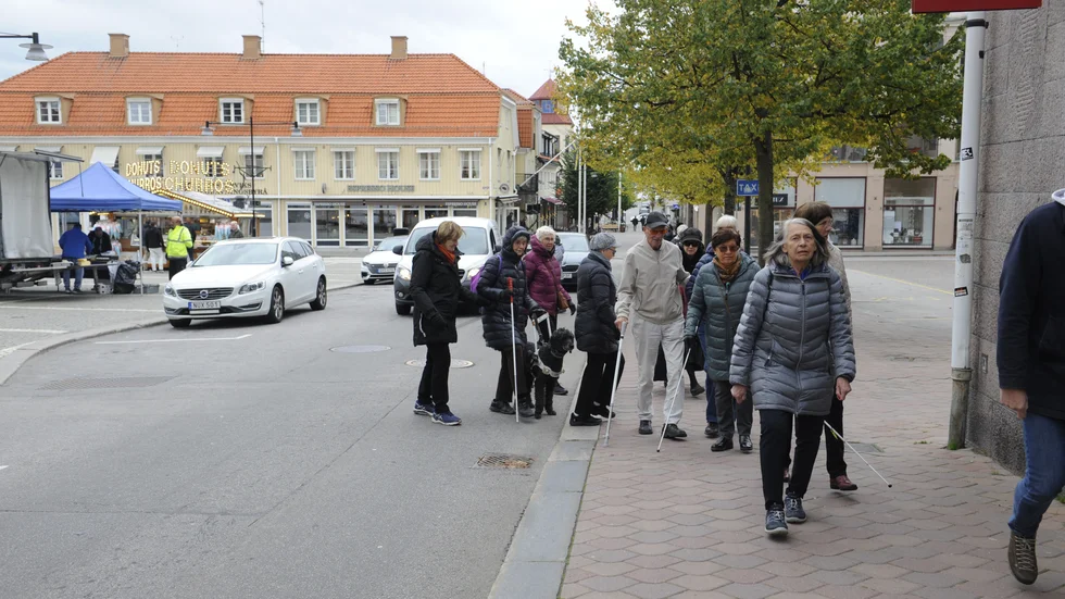 Promenaden startade från Stora torget. En del av deltagarna var synskadade, men inte alla.