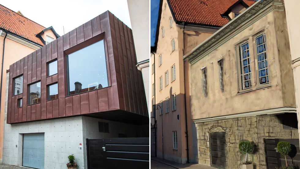 Till vänster byggnaden som den ser ut i dag, till höger det förbättringsförslag som arkitekten Bengt Hellborg skickat in till Arkitekturupproret.