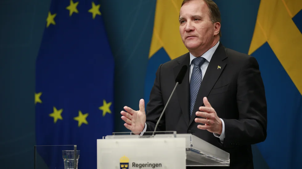 Sveriges statsminister Stefan Löfven (S) under torsdagens pressträff.