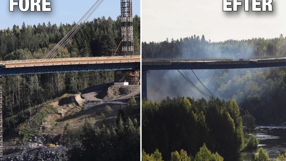 Bron sköts okontrollerat ut 130 meter under tisdagen. Bilden till höger visar var bron var under helgen.
