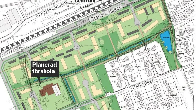 Preliminärt förslag på området Fall 1:1 i Mantorp. Karta: Mjölby kommun