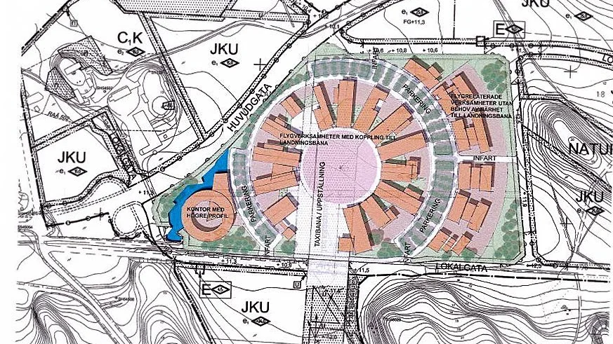 Företagspark. Ett tiotal hangarer i nen cirkel och en taxiväg ut till start/landningsbanan. Så kan företagsparken se ut, fullt utbyggd.