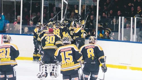 Vimmerby Hockey fick jubla efter derbyt mot Västervik efter seger med 2-1 efter förlängning. Foto: Magnus Strömsten