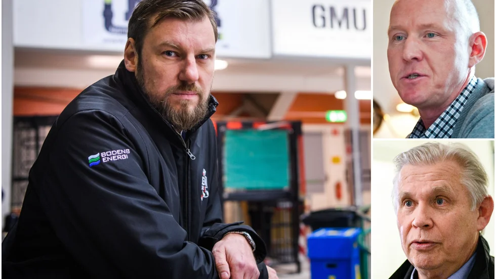 Dispyterna fortsätter mellan Boden Hockeys ordförande Thomas Regemalm (till vänster), Hockeyettans ordförande Håkan Svensson (högst upp till höger) och Ronnie Glysing, tidigare ordförande i Hockeyettan och numera verkställande tjänsteman. 