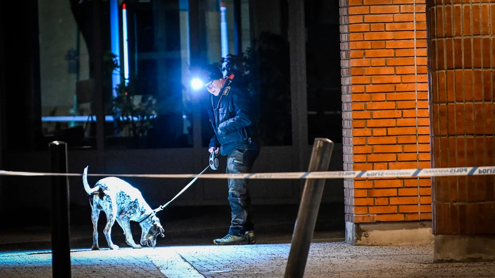 En av polisens hundförare söker av den plats som spärrats av sedan en man skjutits i Skarpnäck i södra Stockholm.