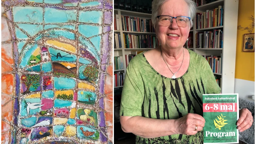 Anna Karin Hammar. Till vänster "Windows of wonder", verk av Layla Hamdieh som ställs ut i Missionskyrkan under festivalen.  