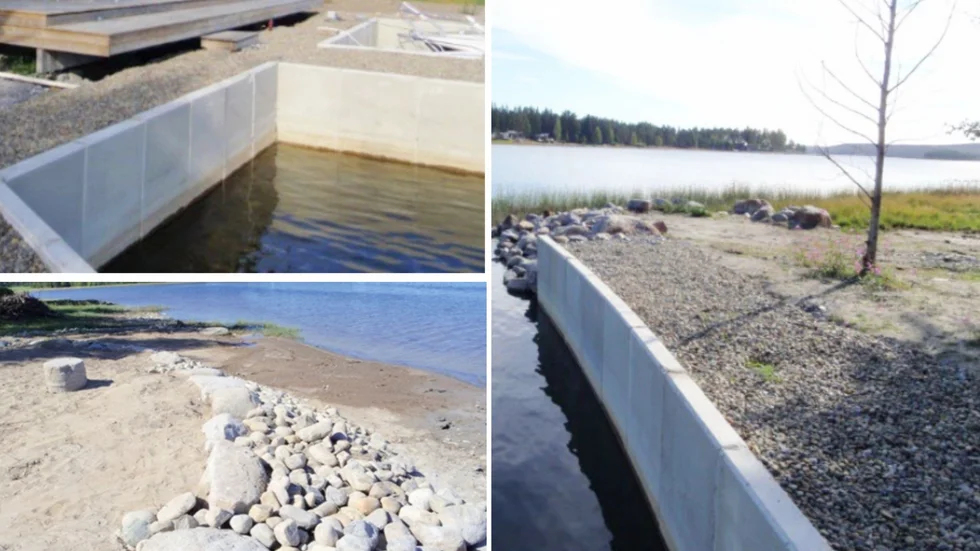 Här syns de omfattande byggen som en sommarstugeägare gjort. Det handlar om 48 betongblock, så kallade L-stöd, som grävts ner i marken och skapat två hamnar. Dessutom en kostgjord strand. Naturen som skymtar längst ut på sidorna visar hur stranden egentligen ska se ut.  