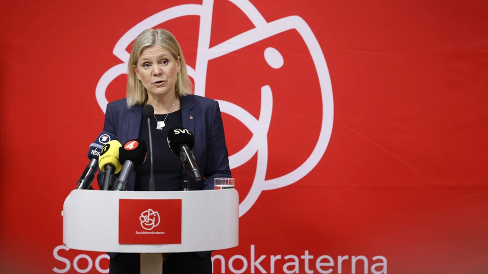 Statsminister Magdalena Andersson (S) under gårdagens pressträff.