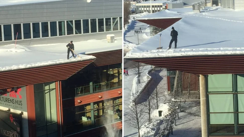Det gick lite fort när istappar snabbt behövde tas bort ovanför entrrén på Kulturens hus.