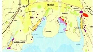 Vikingahamn. Strax söder om skattplatsen i Sundre,vid krysset på kartan, kan det ha funnits en vikingatida hamn. Om det verkligen fanns det ska forskaren Dan Carlsson försöka ta reda på. Tre möjliga platser finns med på den här kartan som han har gjort. Det är de brunfärgade områdena.