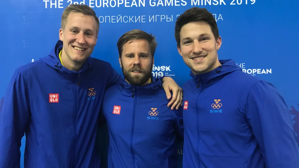 Sveriges lag på lagtävlingen på Europeiska spelen i Minsk. Från vänster: Mattias Falck, Jon Persson, Kristian Karlsson.