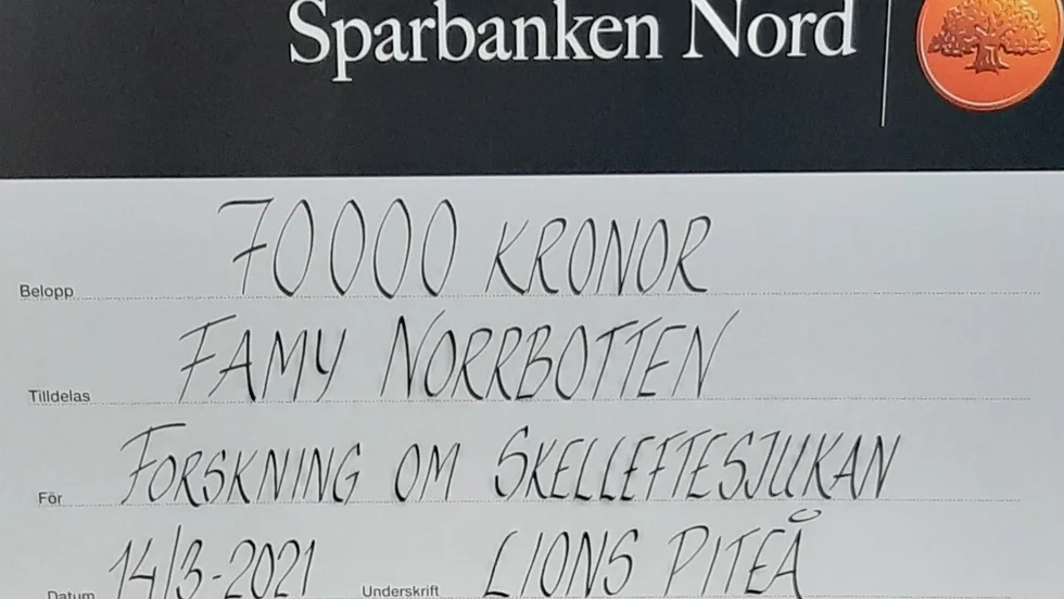 Lions Piteå ger 70 000 kronor till FAMY Norrbotten som ska gå till forskning om Skelleftesjukan.