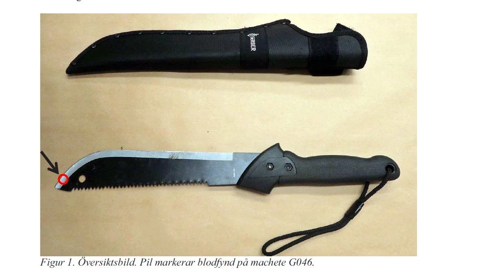 Den röda ringen visar det blodspår som återfunnits på macheten. Ett blodspår som konstaterats kommer från målsägande. 