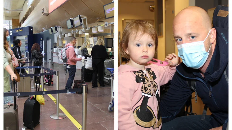 Charterresorna har startat igen på Arlanda. Wille Hedström t h var en av dem som tillsammans med sin familj checkade in på Arlanda i onsdags.