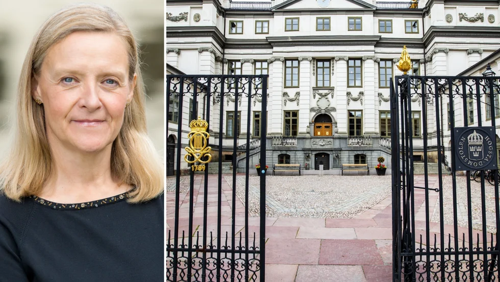 Minna Gräns är professor i rättsvetenskap på juridiska fackulteten vid Uppsala universitet. Till höger Högsta domstolen.