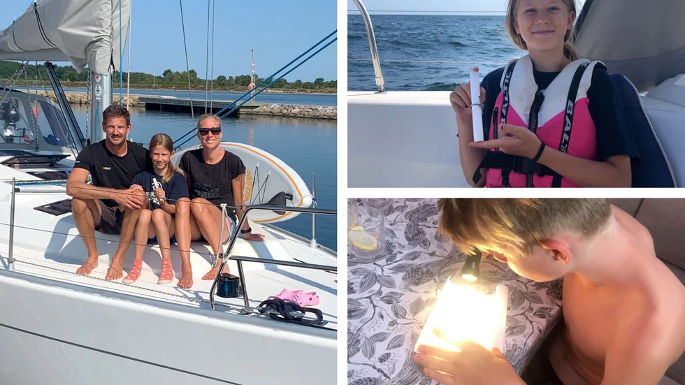 Jim och Linda Stalpe, med barnen Nora och Emil, tycker att flaskposten de hittade var en spännande händelse under seglatsen.