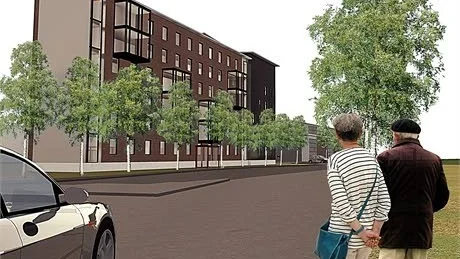 Bygger nytt. Mjölkuddens trygghetsboende, vy längs Mjölkuddsvägen.