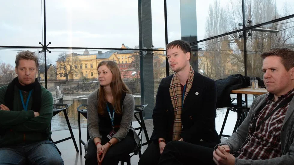 Nöjda arrangörer. En nöjd kvartett summerade festivalen på lördageftermiddagen. Från vänster: Folkert Koopmans, VD för FKP Scorpio,  Linnéa Jonsson, assisterande projektledare,  Niklas Westergren, projektledare för Where's the Music? och Stefan Papangelis, VD för Upplev Norrköping.
Foto: Sara Segraeus