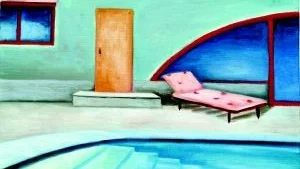 Solstol och swimmingpool, målning av Carin Hildebrand.