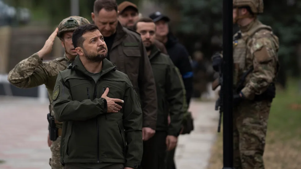 Volodymyr Zelenskyj. Bild från en ceremoni i den återerövrade staden Izium i onsdags.