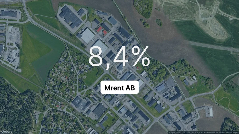 Illustrationen visar rörelsemarginalen för Mrent för det senaste året. Bakgrunden är en satellitbild över företagets adress.