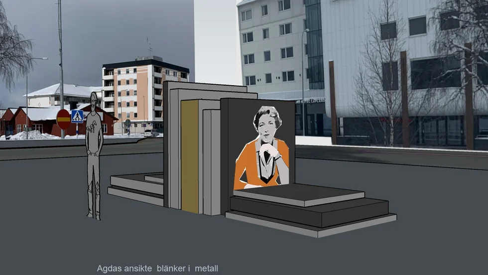 Agda Rössels porträtt i högblank metall ska lysa upp platsen vid stationen. Minnesmärket är fem meter långt och två och en halv meter brett, med böcker i varierande storlekar och material.