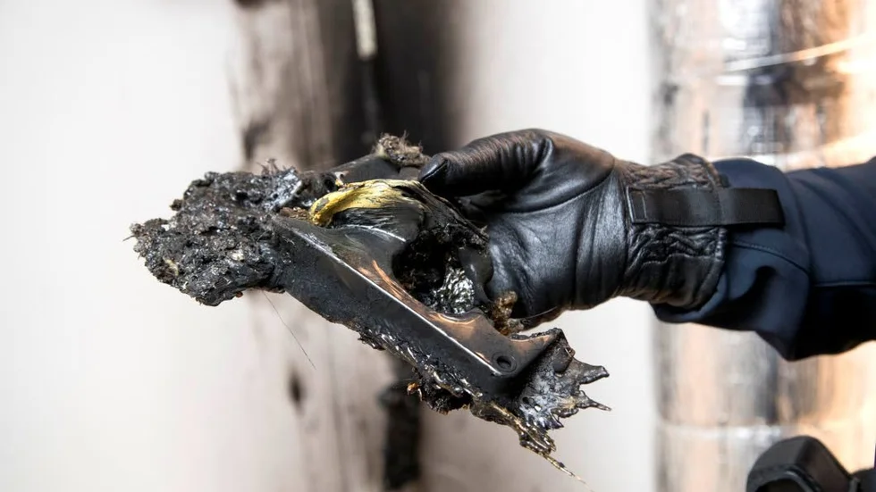 Brända rester. Några detaljer från vandaliseringen i parkeringshuset. Det här är de förbrända resterna av något slags handtag.