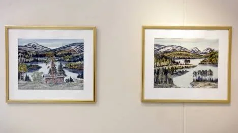 Exempel på Birger Lövgrens färglagda tuschteckningar, med den karaktäristiska "kantiga" stil han utvecklade ur sin blyertsteknik. Här ryms såväl realism som fantasi.