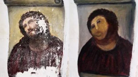 "Ecce homo" före och efter restaureringen.