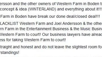 Inget avtal. En del av det Facebookinlägg som Winterlands grundare publicerade under gårdagen.