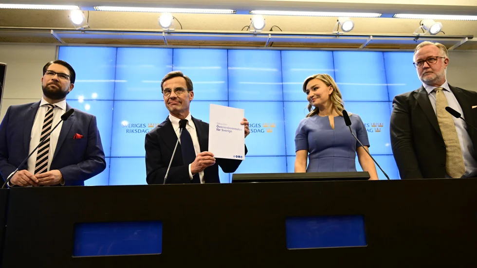 Jimmie Åkesson (SD), Ulf Kristersson (M), Ebba Busch (KD) och Johan Pehrson (L) presenterar sin överenskommelse.