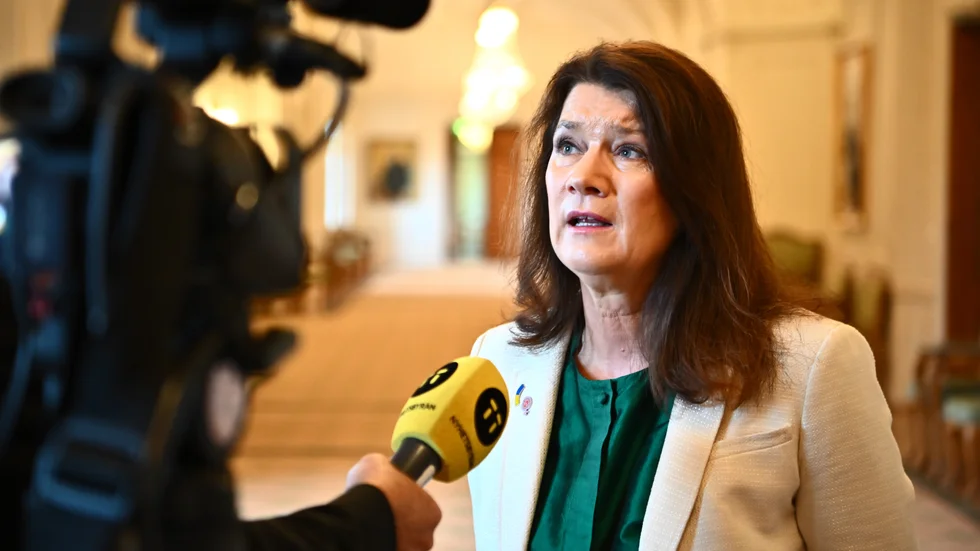 Utrikesminister Ann Linde (S) möter media efter att ha informerat utrikesutskottet om den svenska Natoprocessen.