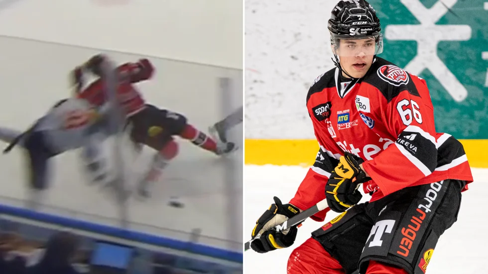 Mariestads poängkung Jesper Lindén fick matchstraff efter huvudtacklingen mot Oscar Eriksson.