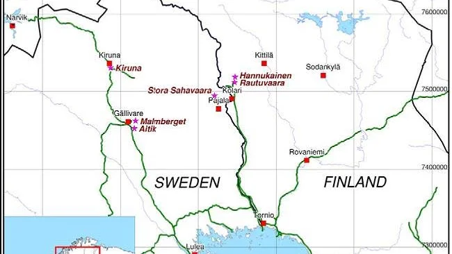 Här är malmfyndigheterna. Mellan Stora Sahavaara och Hannukainen på finska sidan igger Tapiluvuoma.