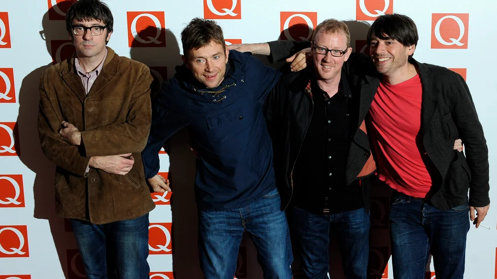 Graham Coxon, Damon Albarn, Dave Rowntree och Alex James i Blur. Arkivbild.