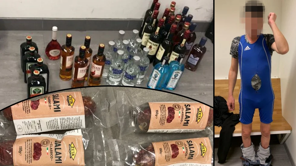 Mannen hade klippt hål i sin brottardräkt för att lättare kunna stoppa in kött och sprit som han stal i Eskilstunabutiker. 