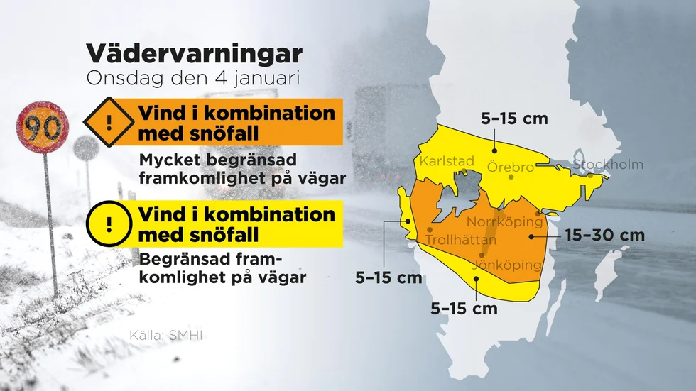 Vind i kombination med snöfall som kan orsaka begränsad eller mycket begränsad framkomlighet på vägarna.