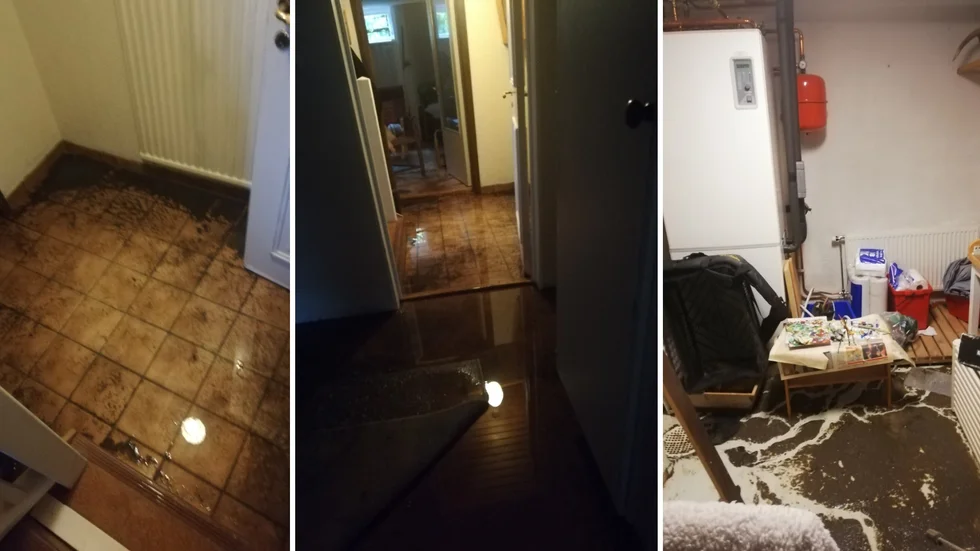 Bilder från parets Bohm-Carleheds översvämmade källare på Klosterledsgatan i Vadstena.