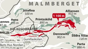 Beslutet att bryta Printzsköldmalmen ner till 1250-metersnivån påverkar delar av centrala Malmberget. För varje
brytningsnivå ligger malmen längre åt sydväst.