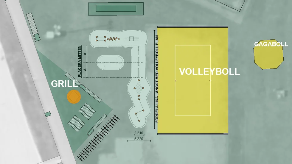 Det nya lekområdet kommer att ligga mellan volleybollplanen och grillplatsen.