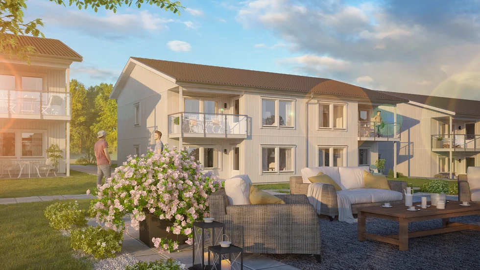 Så här kommer de tolv nya bostadsrätterna i Lärdomsljuset se ut sedda inifrån kvarteret. Planerad inflyttning nästa sommar.