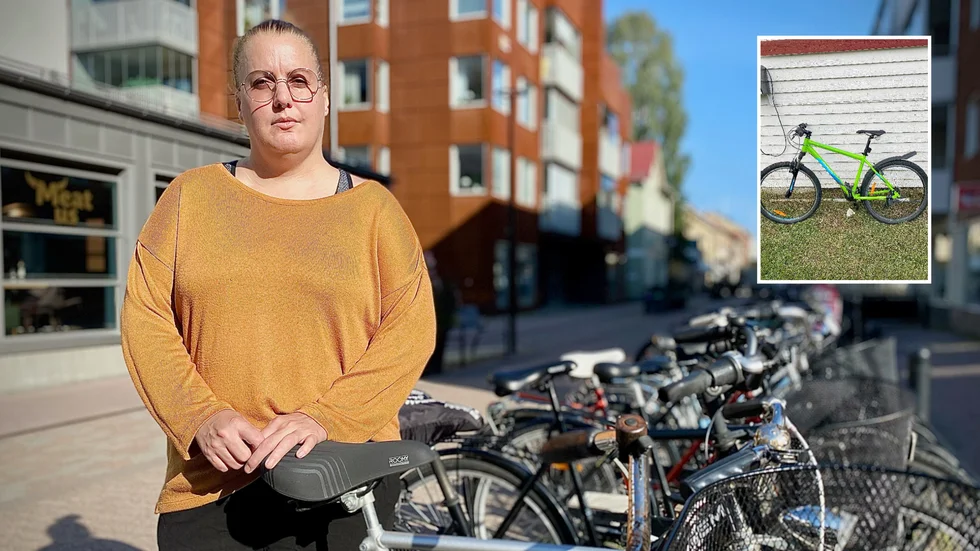 I dystert sällskap. Tess Hallin är en av hundratals Skelleftebor som drabbats av cykeltjuvar i sommar. ”Jag köpte cykeln för ett stipendiat jag fick när jag utsågs till ”Årets fritidsledare” i Byske för några år sedan”, berättar hon. Lilla bilden: den stulna cykeln.