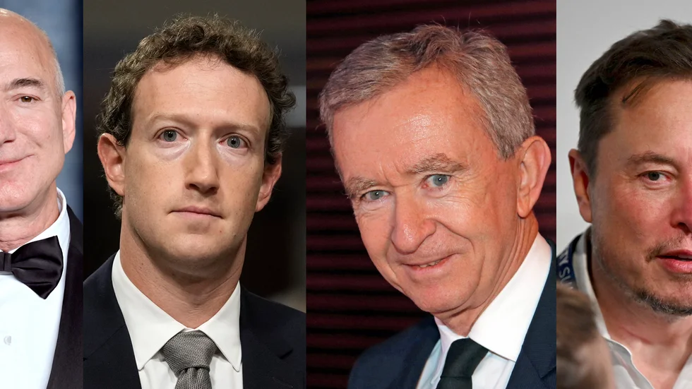Från vänster Jeff Bezos, Mark Zuckerberg, Bernard Arnault och Elon Musk. Arkivbilder.