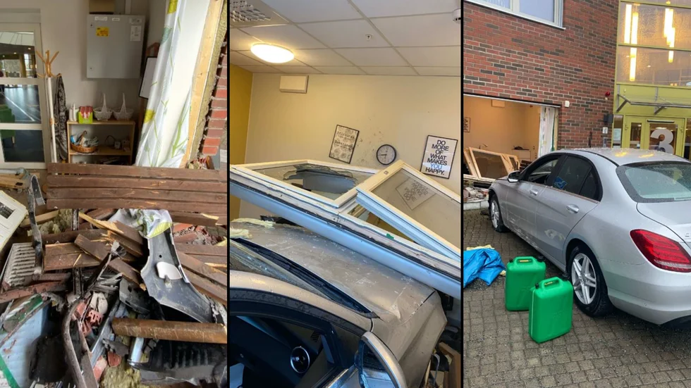 Bilen hamnade djupt inne i kontorsrummet och förstörde inredningen. En bänk som stått utanför ytterväggen följde med in genom det stora hålet i väggen. I bilens baklucka förvarades två bensindunkar.