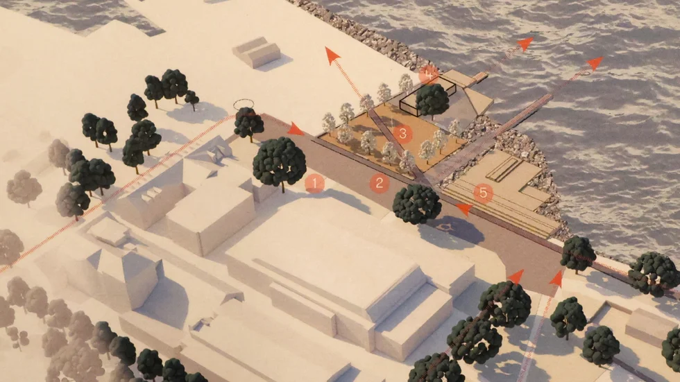 Översiktsskiss på området enligt Visby sockenbastuförenings förslag, där bland annat befintliga Kallis ersätts av en strandpark.